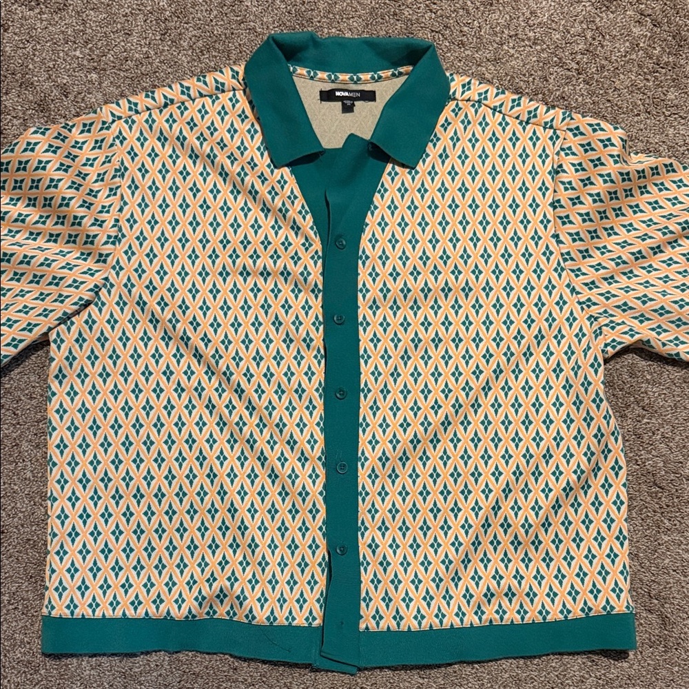 Teal and Cream Geometric Men's Button Down Shirt